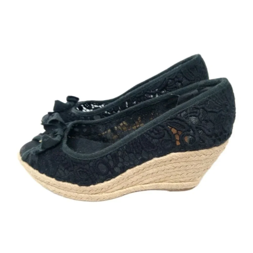 Tory Burch Jackie Wedge Espadrille Shoes Women’s Size 8.5 Black Crochet  Lace
